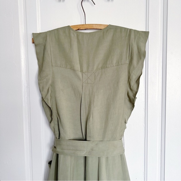 REISS • Emma Plunge Frill Shoulder Dress green midi button front tie waist belt - Picture 14 of 14